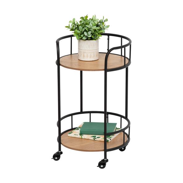 2-Tier Round Side Table With Wheels, Black & Natural